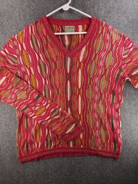 COOGI Australia Women Sweater Large Cotton Pink Green V Neck Lightweight Long